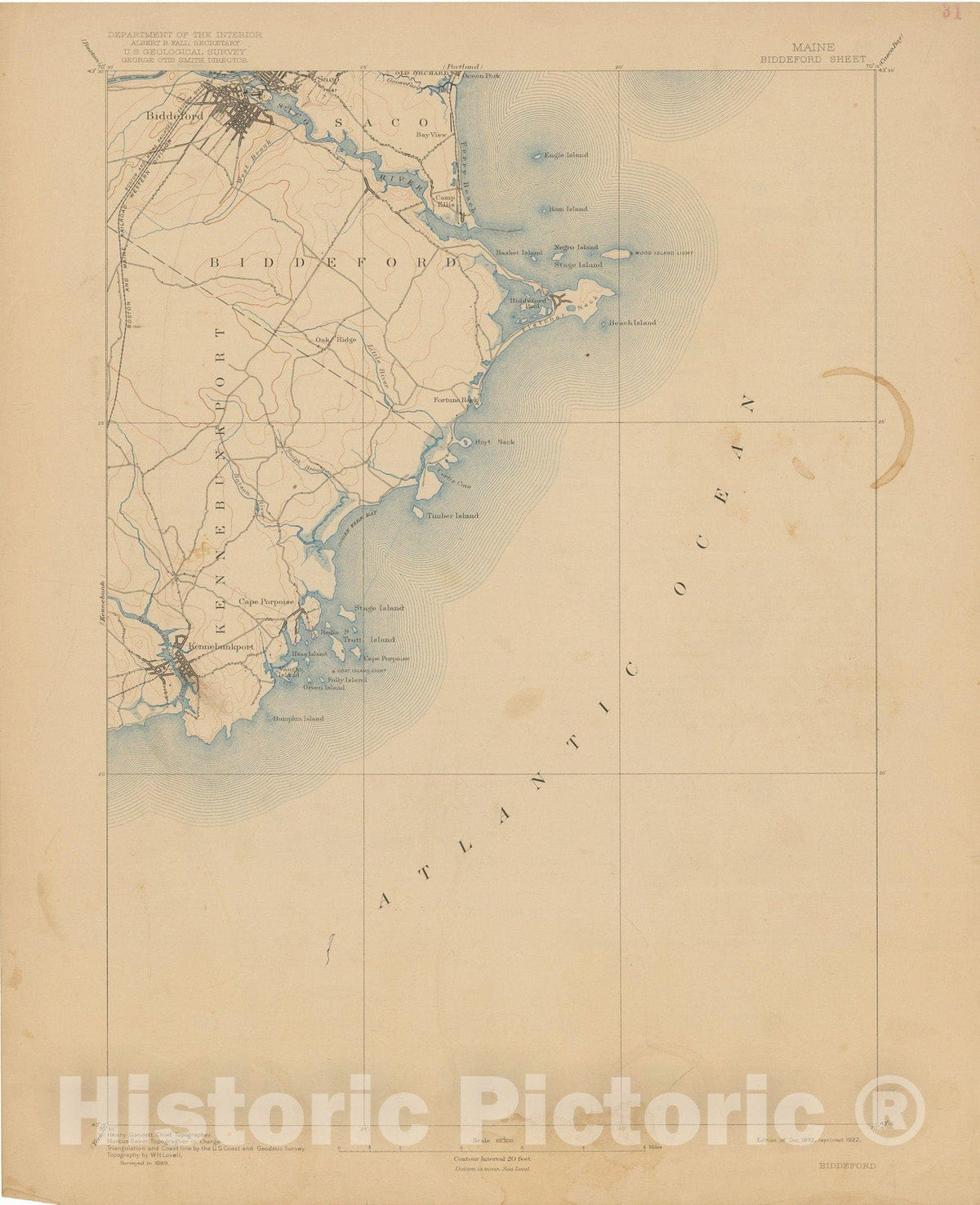 Historic Map : USGS 7.5 Minute Sheets and Quadrangles, Biddeford & Kennebunkport & Saco 1922 Topographic Map , Vintage Wall Art