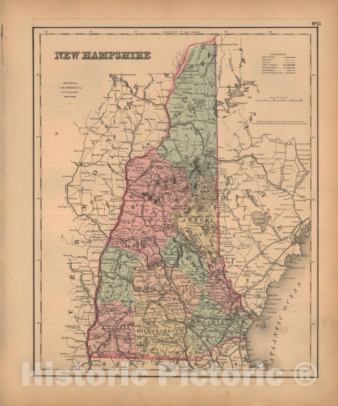 Historic Map : New Hampshire 1857 , General Atlas (Of The World) , Vintage Wall Art