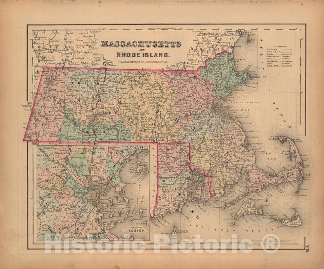Historic Map : Massachusetts & Rhode Island 1857 , General Atlas (Of The World) , Vintage Wall Art