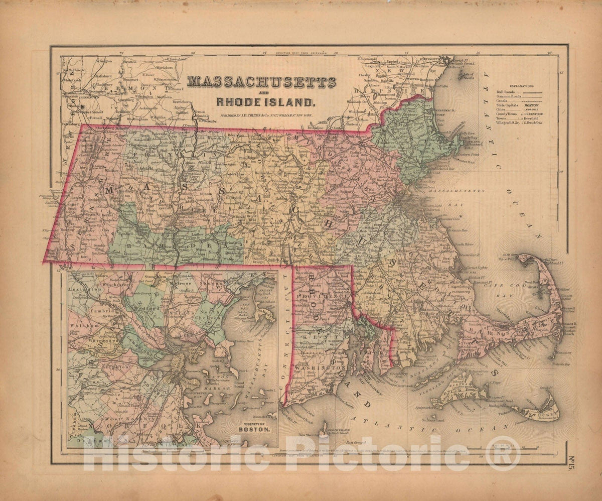 Historic Map : Massachusetts & Rhode Island 1857 , General Atlas (Of The World) , Vintage Wall Art