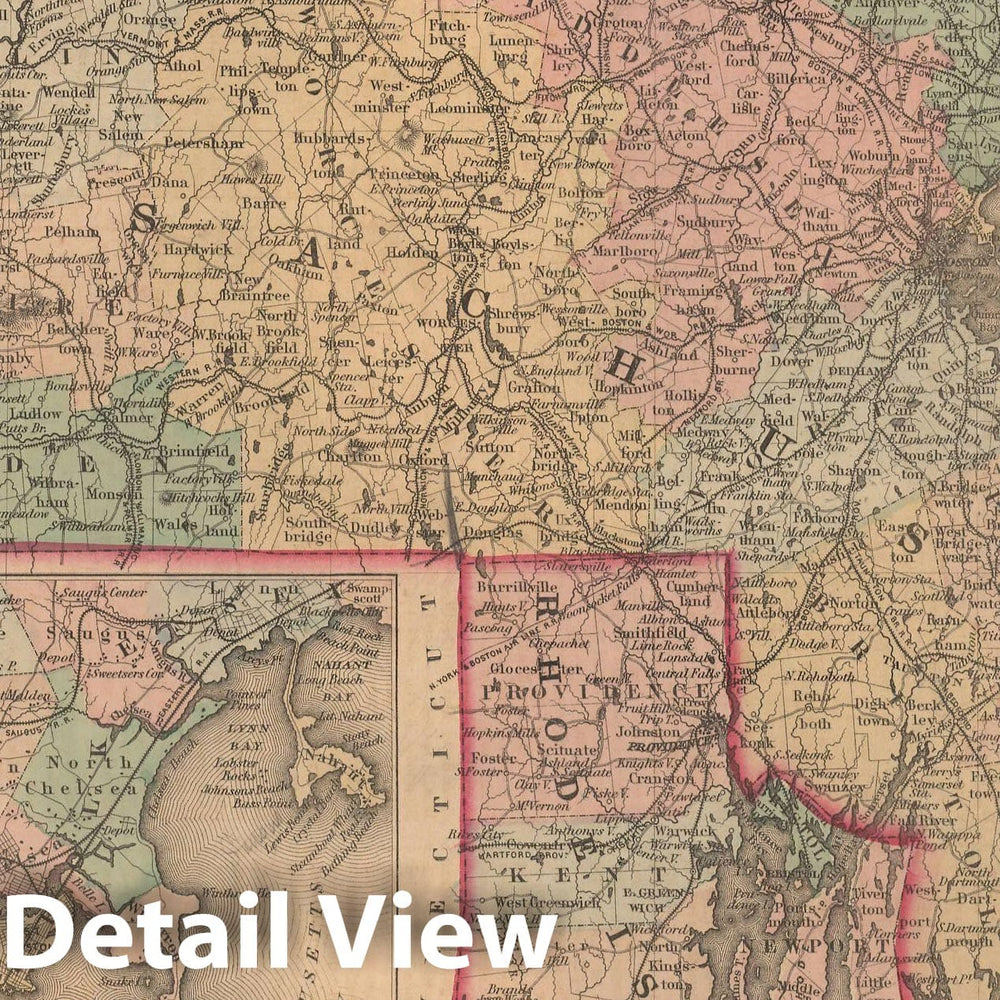 Historic Map : Massachusetts & Rhode Island 1857 , General Atlas (Of The World) , Vintage Wall Art