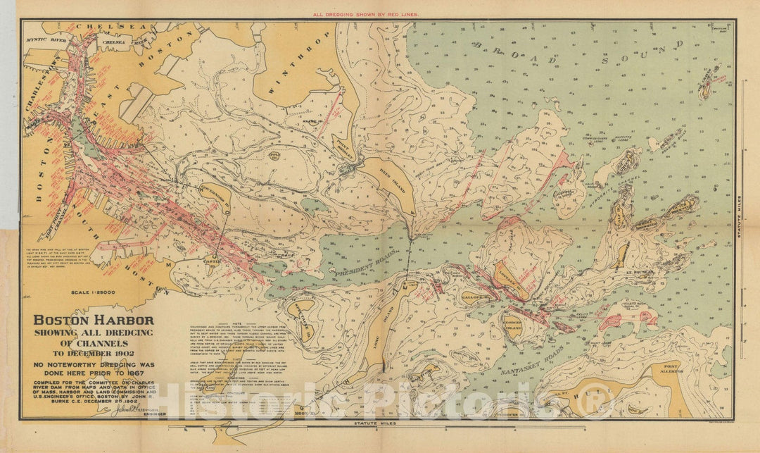 Historic Map : Boston Harbor - Dredging of Channels 1902 Charles River Dam Report , Vintage Wall Art