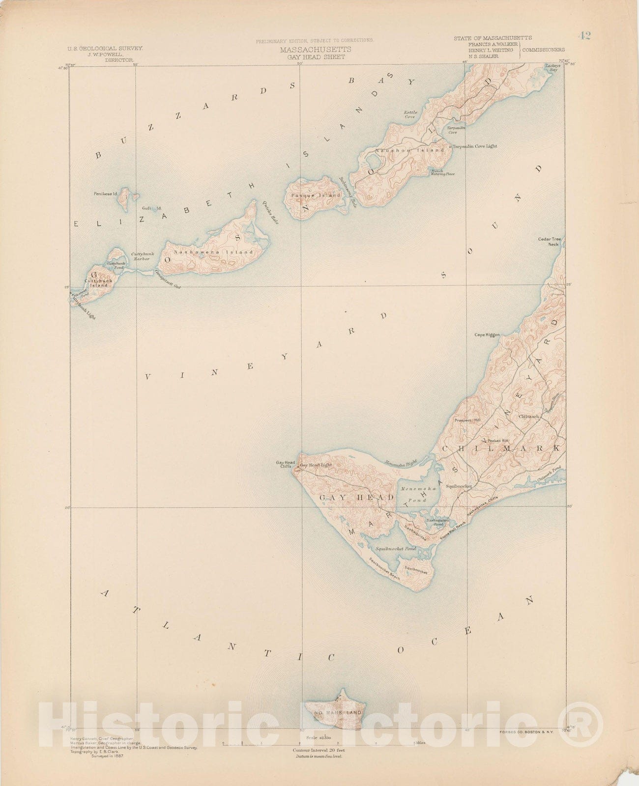Historic Map : Chilmark & Gay Head & Gosnold & Martha's Vineyard 1890 Topographic Map , Vintage Wall Art