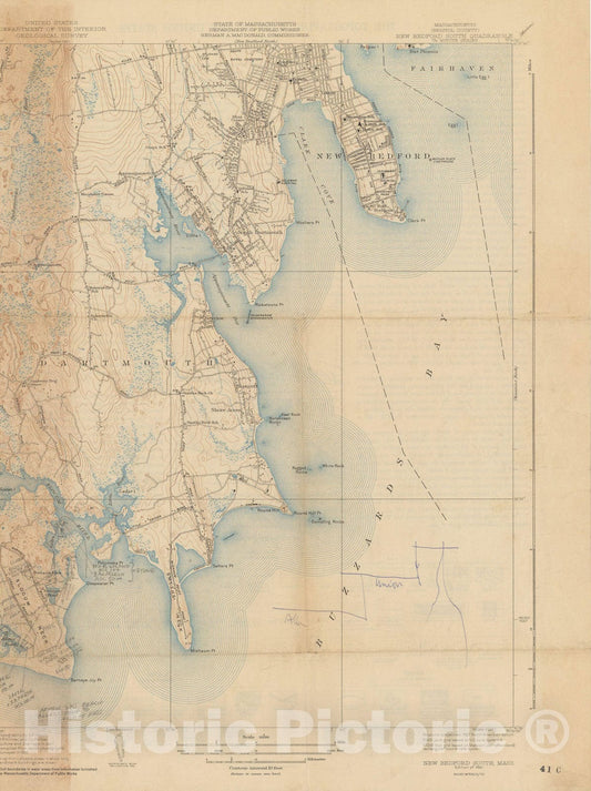 Historic Map : USGS 7.5 Minute Sheets and Quadrangles, New Bedford 1941 Topographic Map , Vintage Wall Art