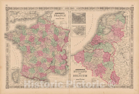 Historic Map : France & Netherlands & Belgium 1865 , Johnson's Family Atlas , Vintage Wall Art