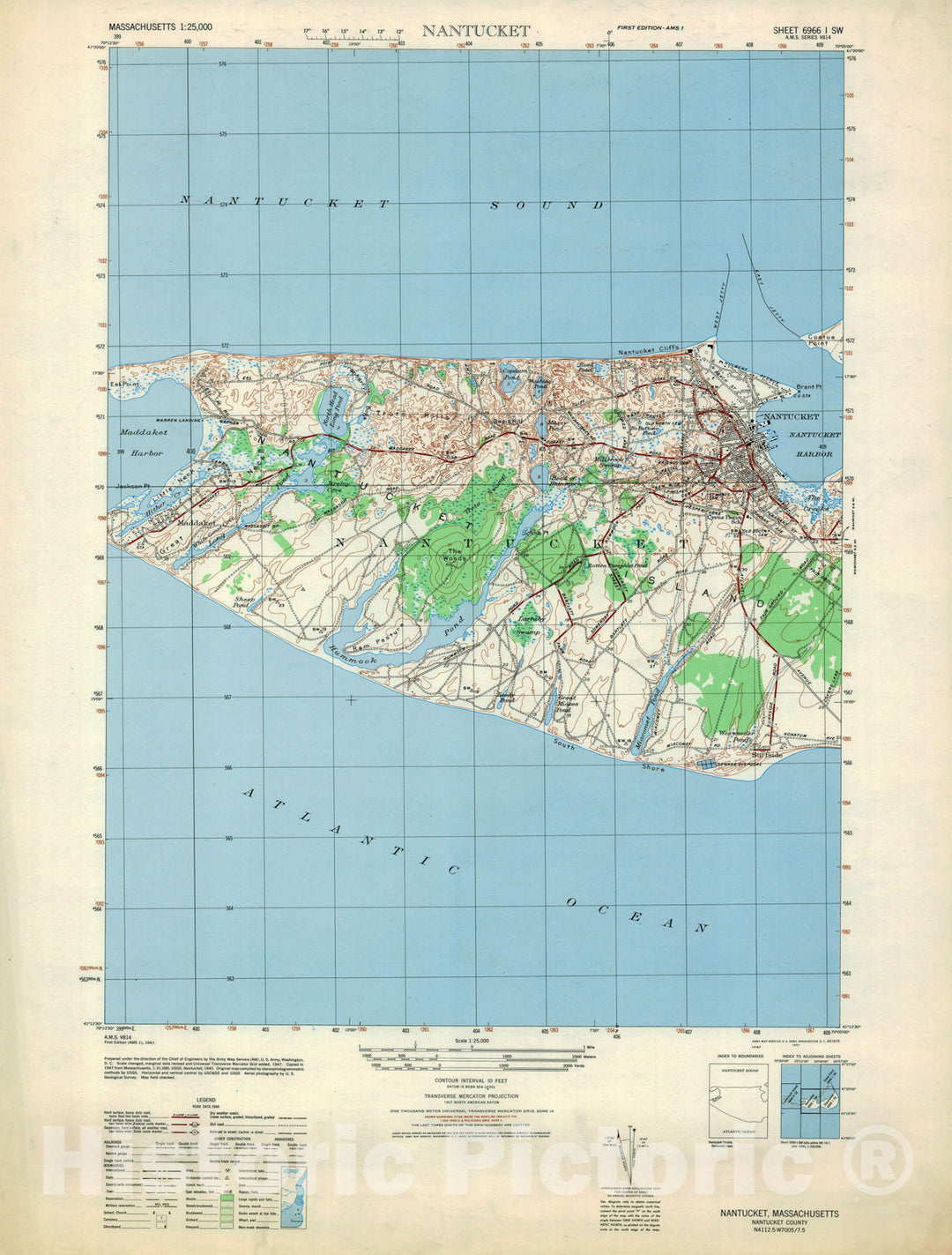 Historic Map : Nantucket 1947 Topographic Map , Vintage Wall Art