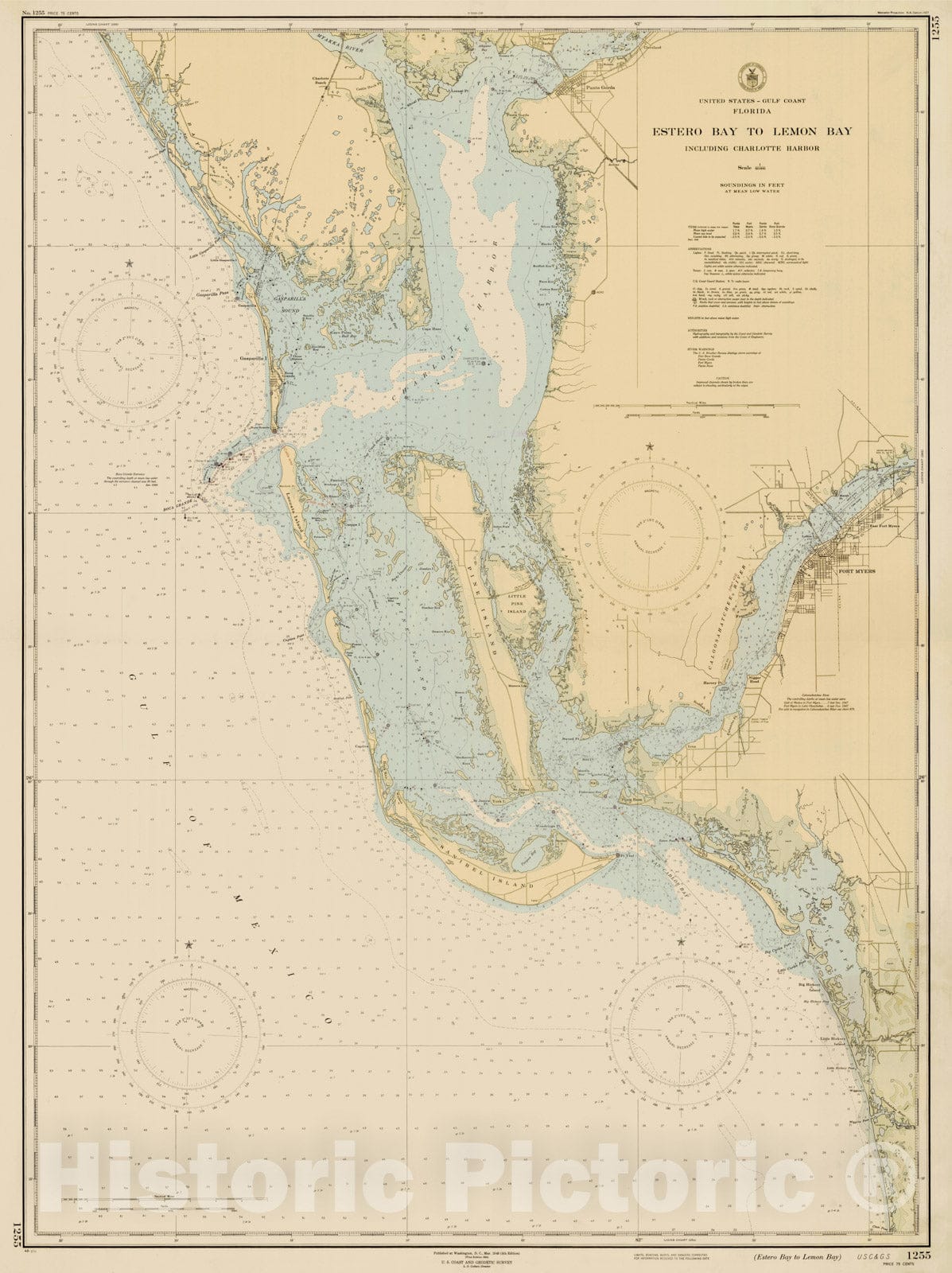 Historic Map : Coastal Charts - Florida Gulf Coast: Estero Bay to Lemon Bay 1948 , Vintage Wall Art