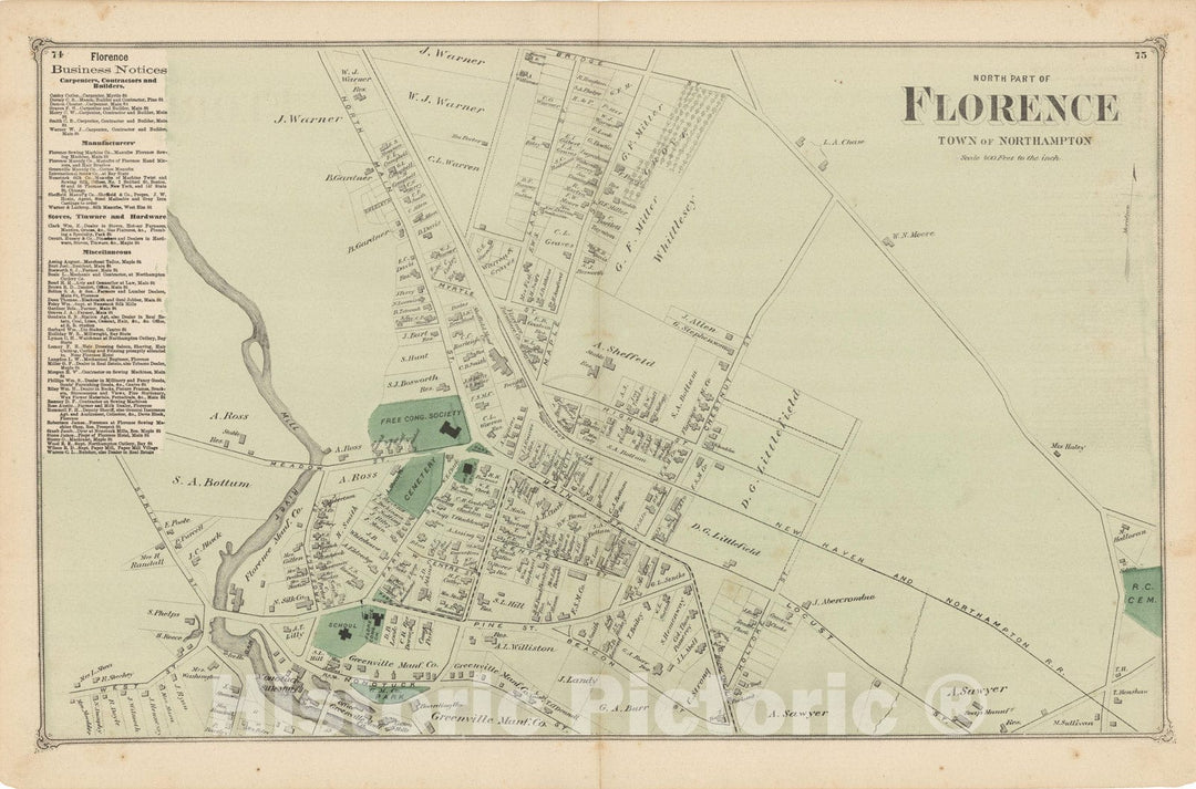 Historic Map : Atlas of Hampshire County Massachusetts, Northampton 1873 , v2, Vintage Wall Art