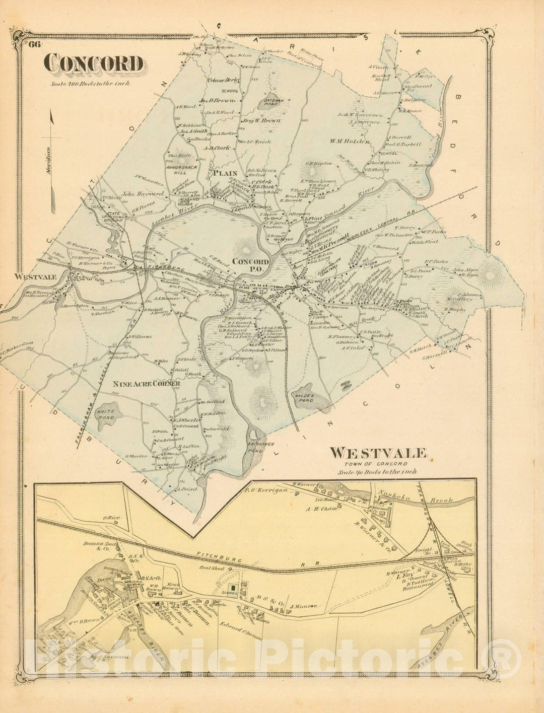 Historic Map : County Atlas of Middlesex Massachusetts, Concord 1875 , Vintage Wall Art