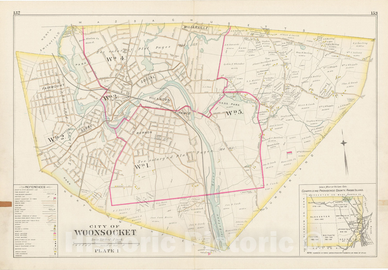 Historic Map : Atlas of Providence County, Woonsocket 1895 Plate 001 , Vintage Wall Art