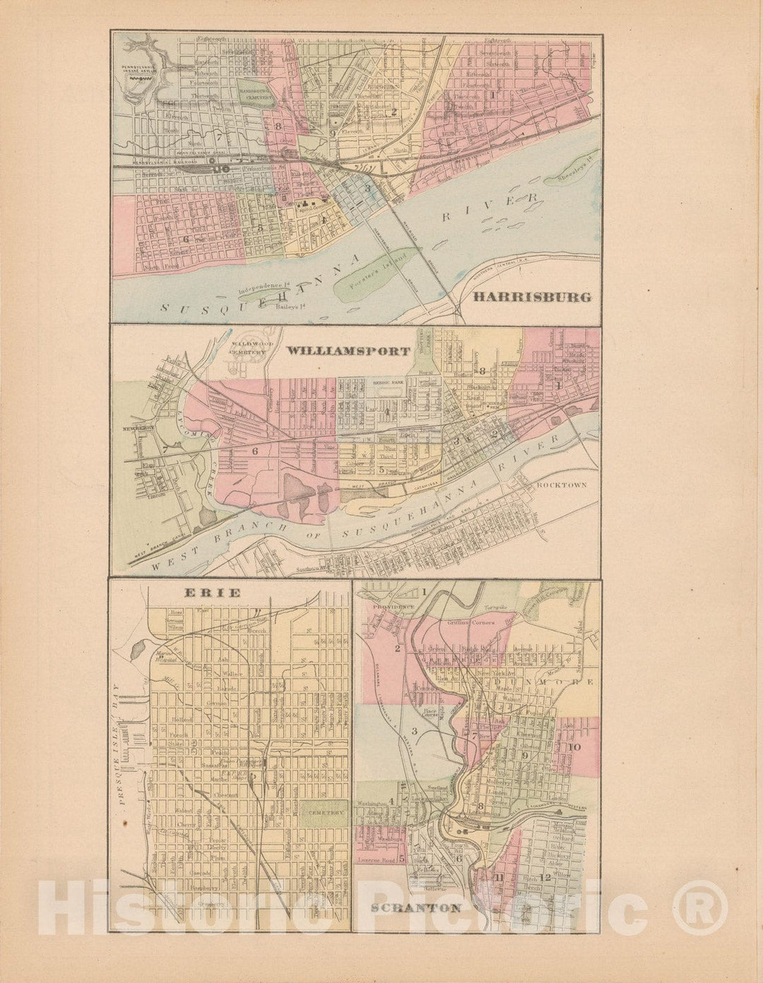 Historic Map : Erie & Harrisburg & Scranton & Williamsport 1882 , Mitchell's New General Atlas , Vintage Wall Art