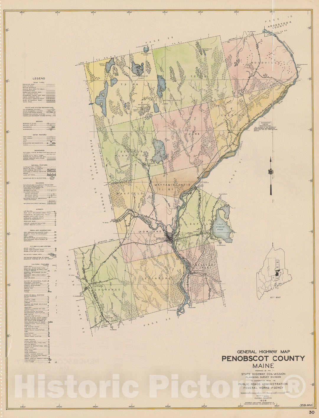 Historic Map : Maine General Highway County Maps, Penobscot 1938 Plate 030 , Vintage Wall Art