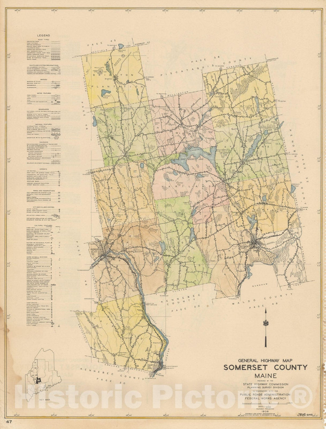 Historic Map : Maine General Highway County Maps, Somerset 1938 Plate 047 , Vintage Wall Art