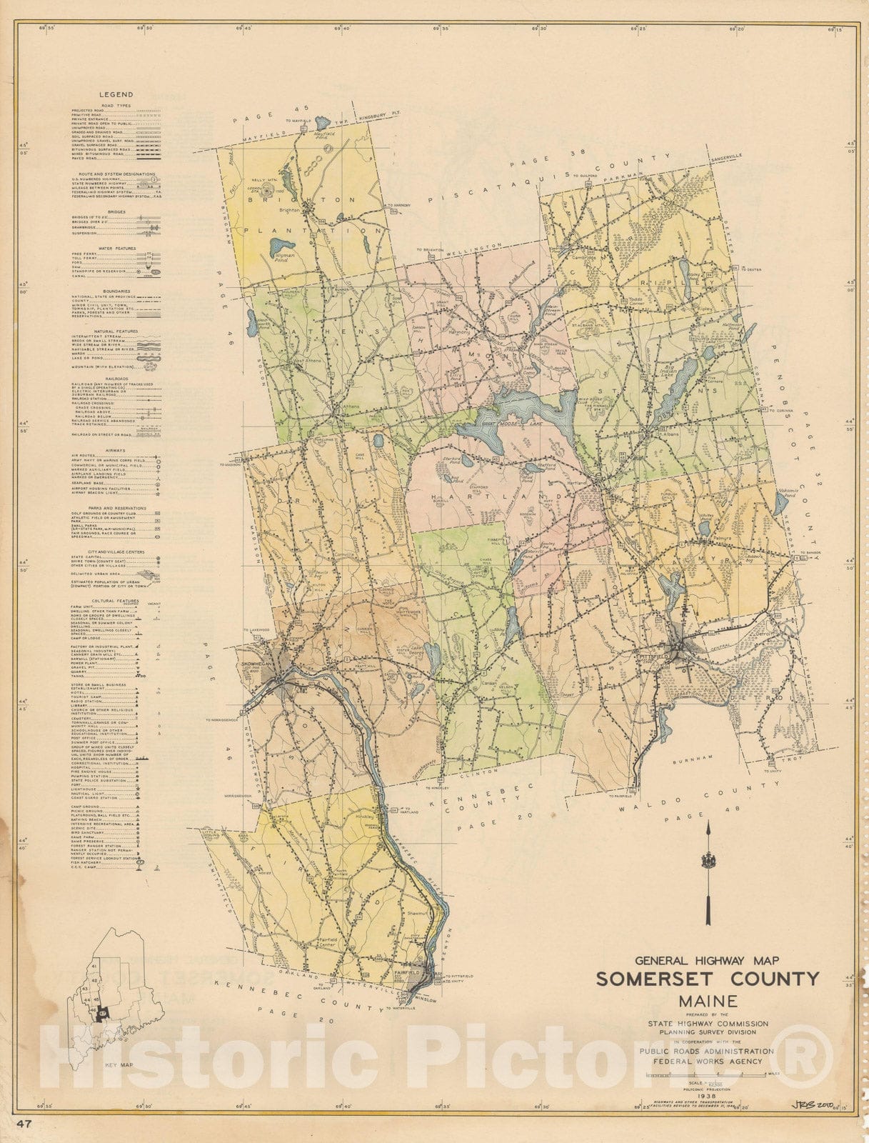Historic Map : Maine General Highway County Maps, Somerset 1938 Plate 047 , Vintage Wall Art
