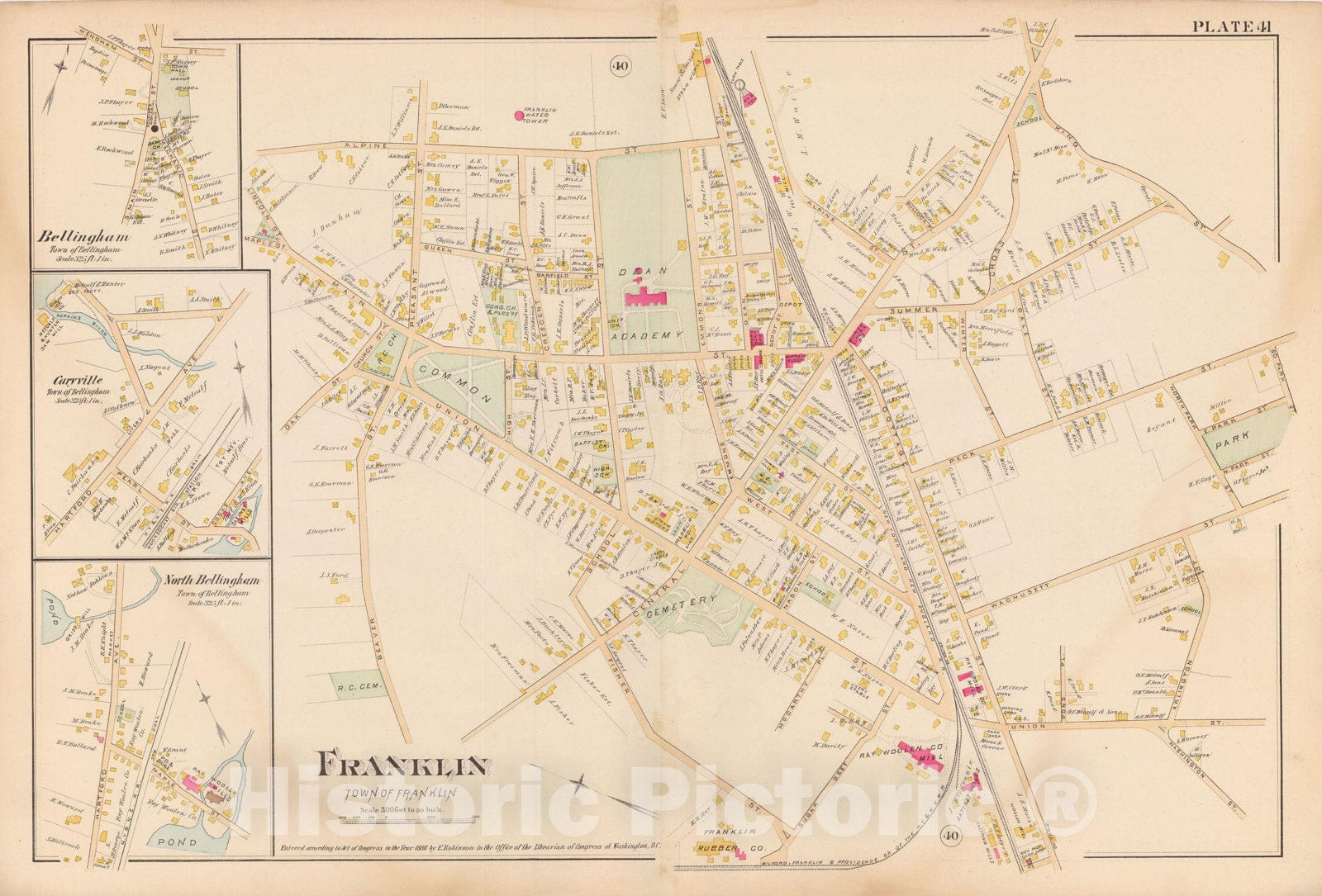 Historic Map : Atlas of Norfolk County, Bellingham & Franklin 1888 Plate 041 , Vintage Wall Art