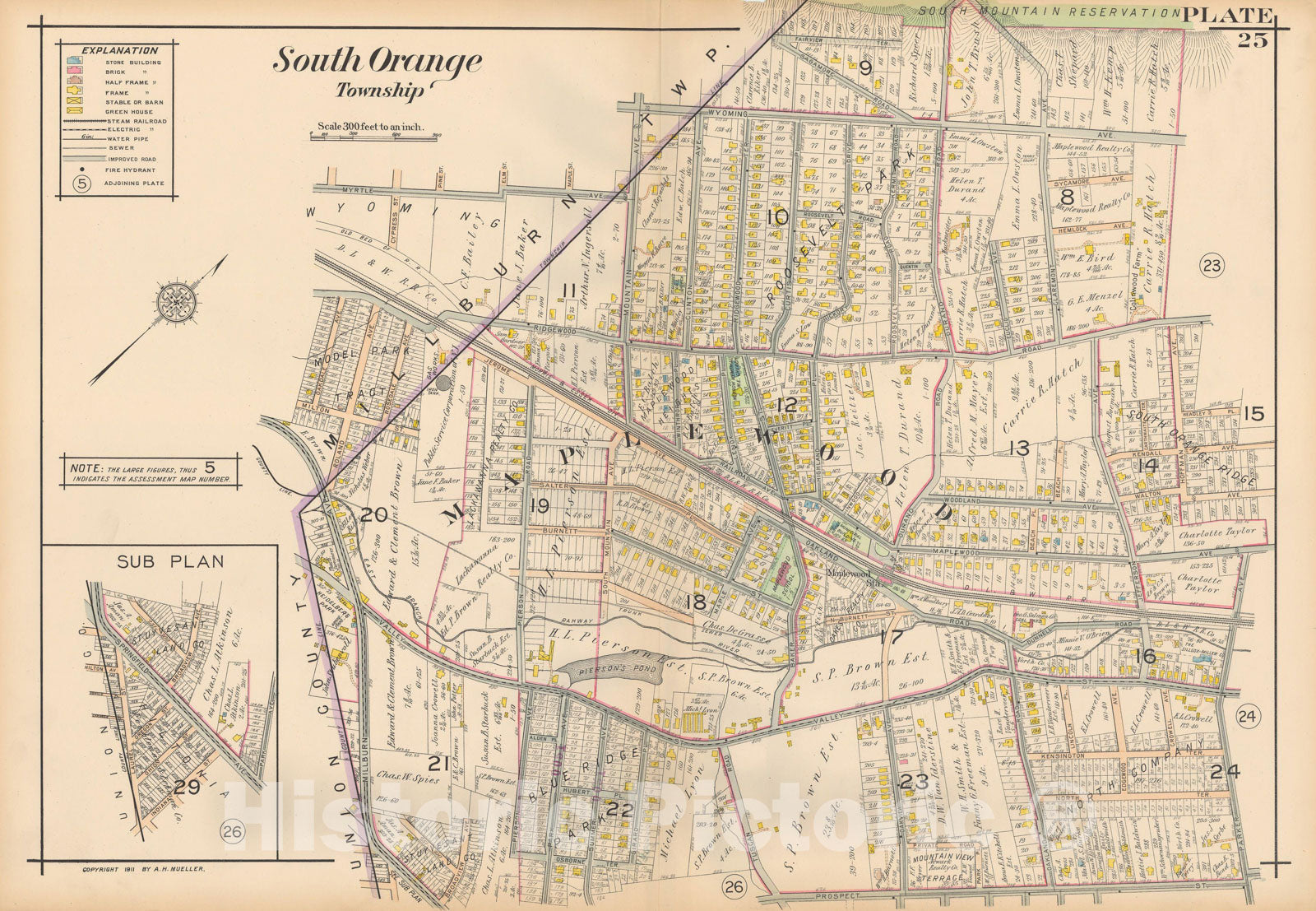 Historic Map : Atlas Oranges, South Orange 1911 Plate 025 , Vintage Wall Art
