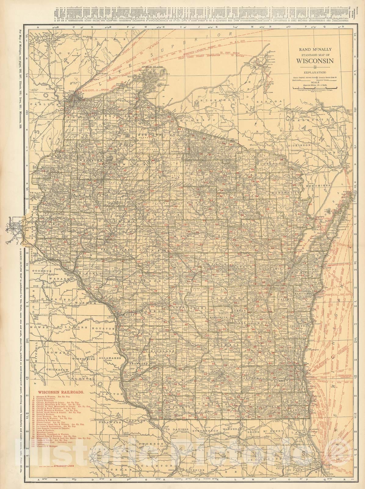 Historic Map : Wisconsin 1925 , Vintage Wall Art