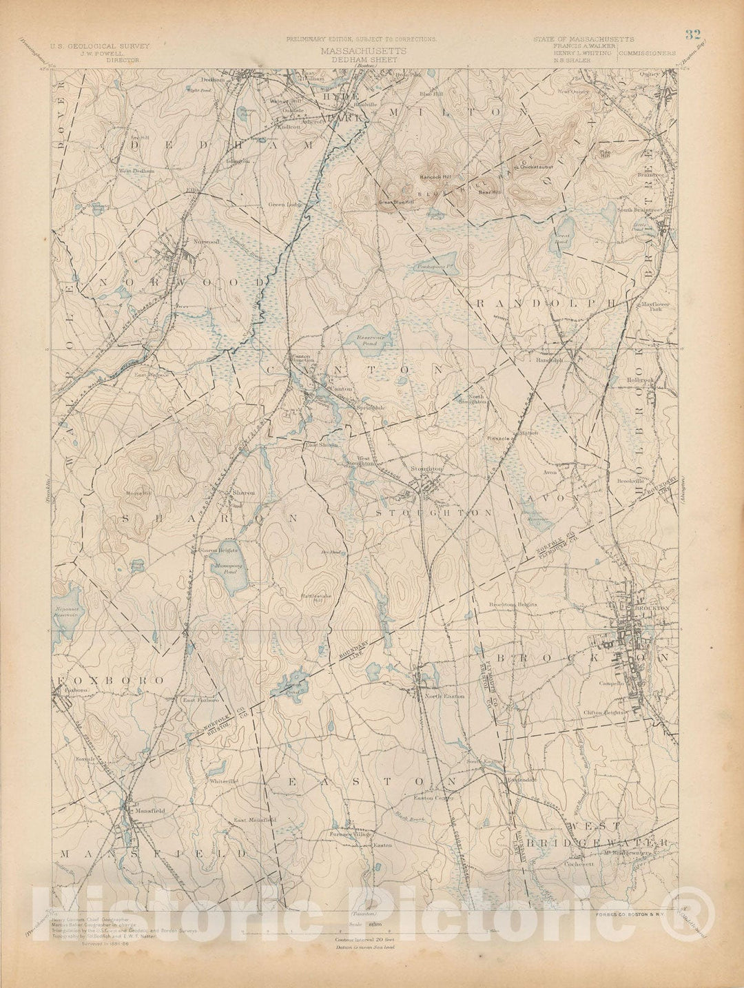 Historic Map : Atlas of Massachusetts, Brockton & Canton & Norwood & Stoughton 1890 Page 32 , Vintage Wall Art