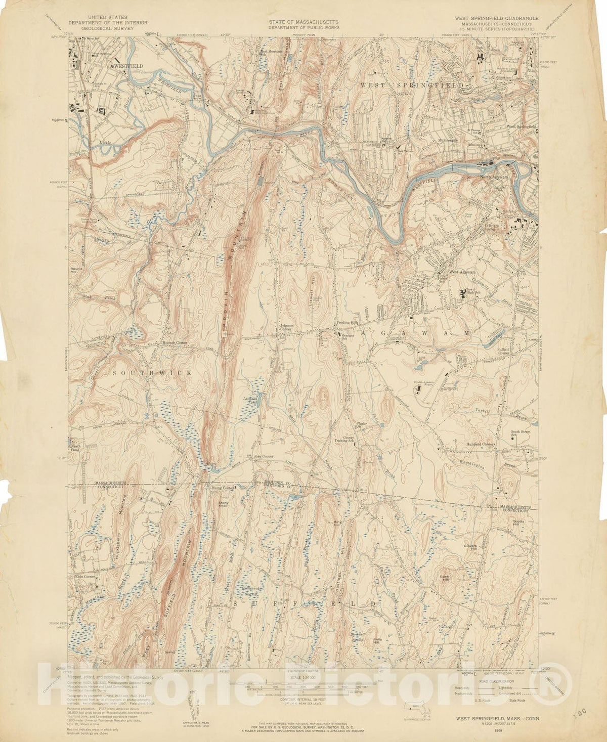 Historic Map : USGS 7.5 Minute Sheets and Quadrangles, Agawam & Suffield & West Springfield 1958 Topographic Map , Vintage Wall Art