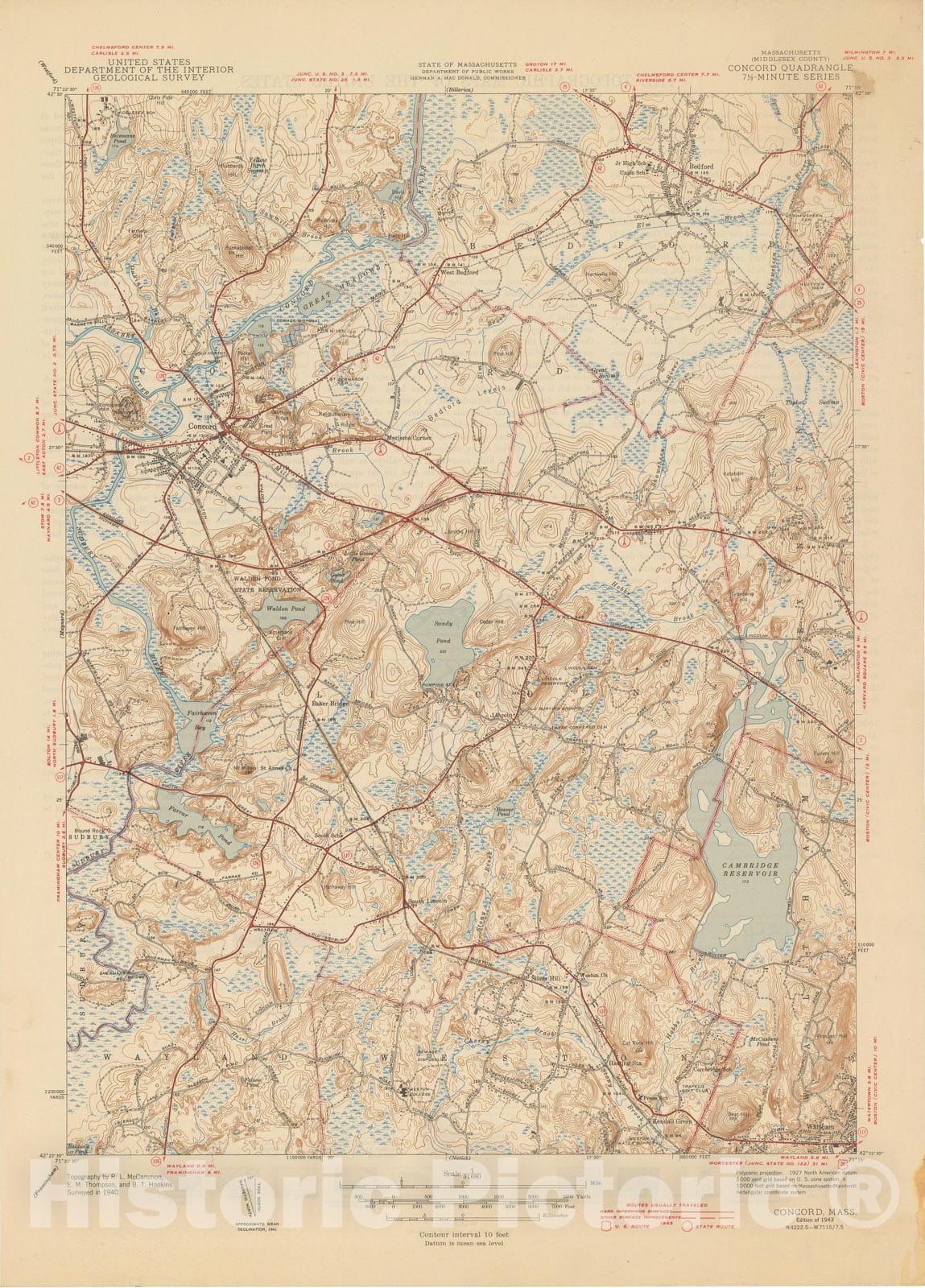 Historic Map : USGS 7.5 Minute Sheets and Quadrangles, Concord & Lincoln 1943 Topographic Map , Vintage Wall Art