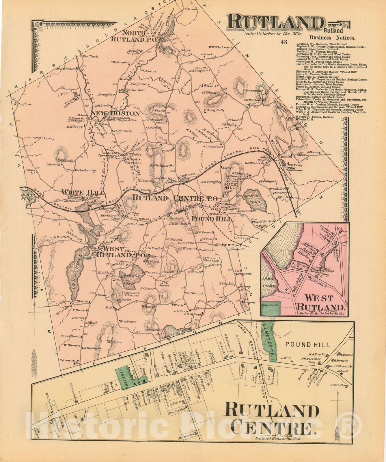 Historic Map : Atlas of Worcester County, Massachsuetts, Rutland 1870 , Vintage Wall Art