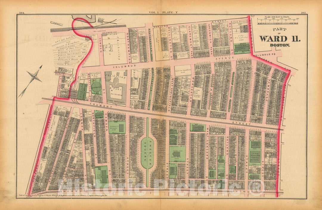 Historic Map : Atlas of County of Suffolk, MA Vol. 1 including Boston Proper, Boston 1874 Plate Y , Vintage Wall Art