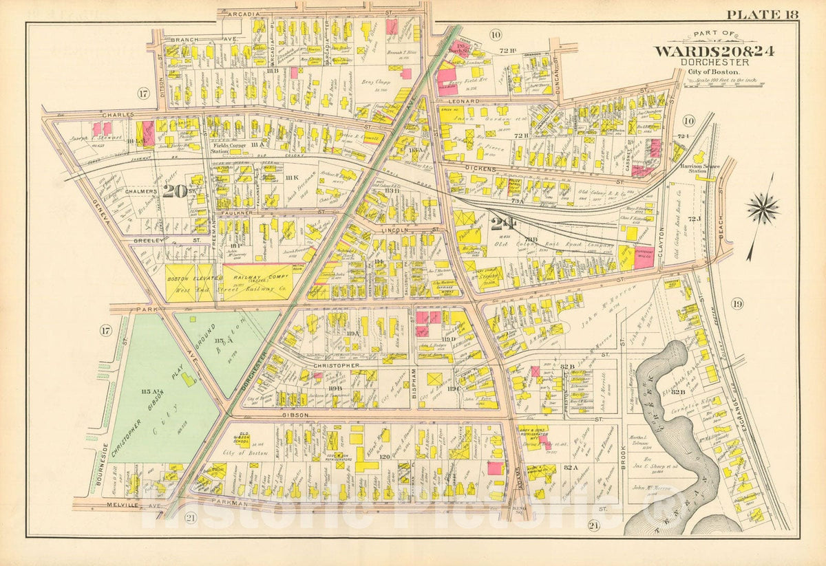 Historic Map : Atlas City of Boston, Vol. 5, Dorchester, 4th Ed., Dorchester 1904 Plate 018 , Vintage Wall Art