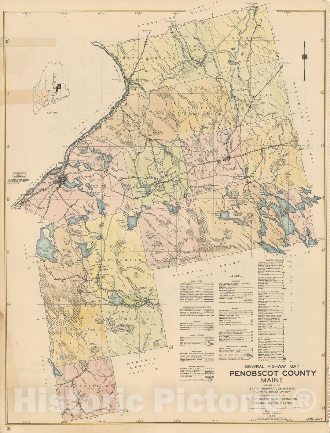 Historic Map : Maine General Highway County Maps, Penobscot 1938 Plate 031 , Vintage Wall Art