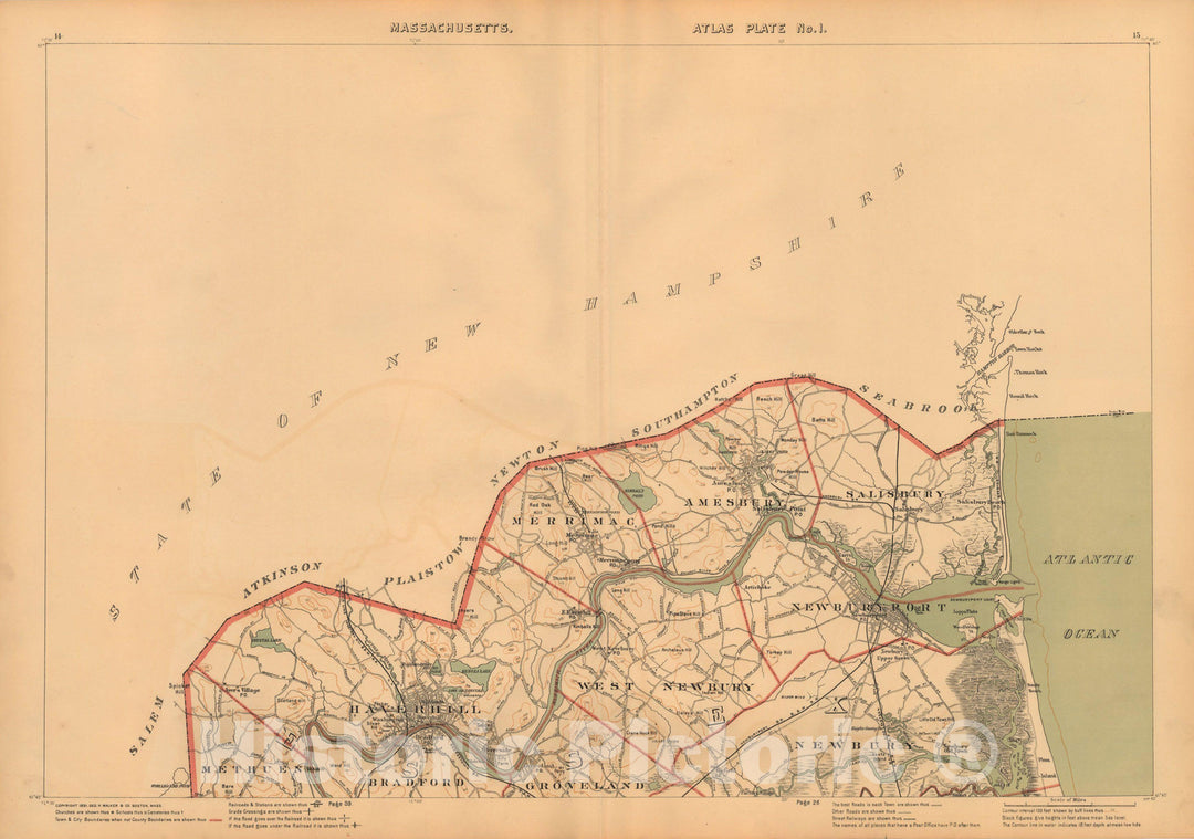 Historic Map : Atlas of Massachusetts, Northern Essex County 1891 , Vintage Wall Art