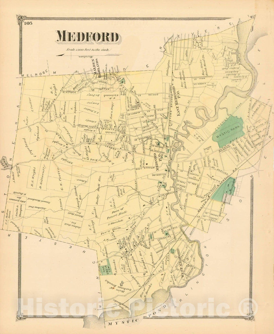 Historic Map : County Atlas of Middlesex Massachusetts, Medford 1875 , Vintage Wall Art