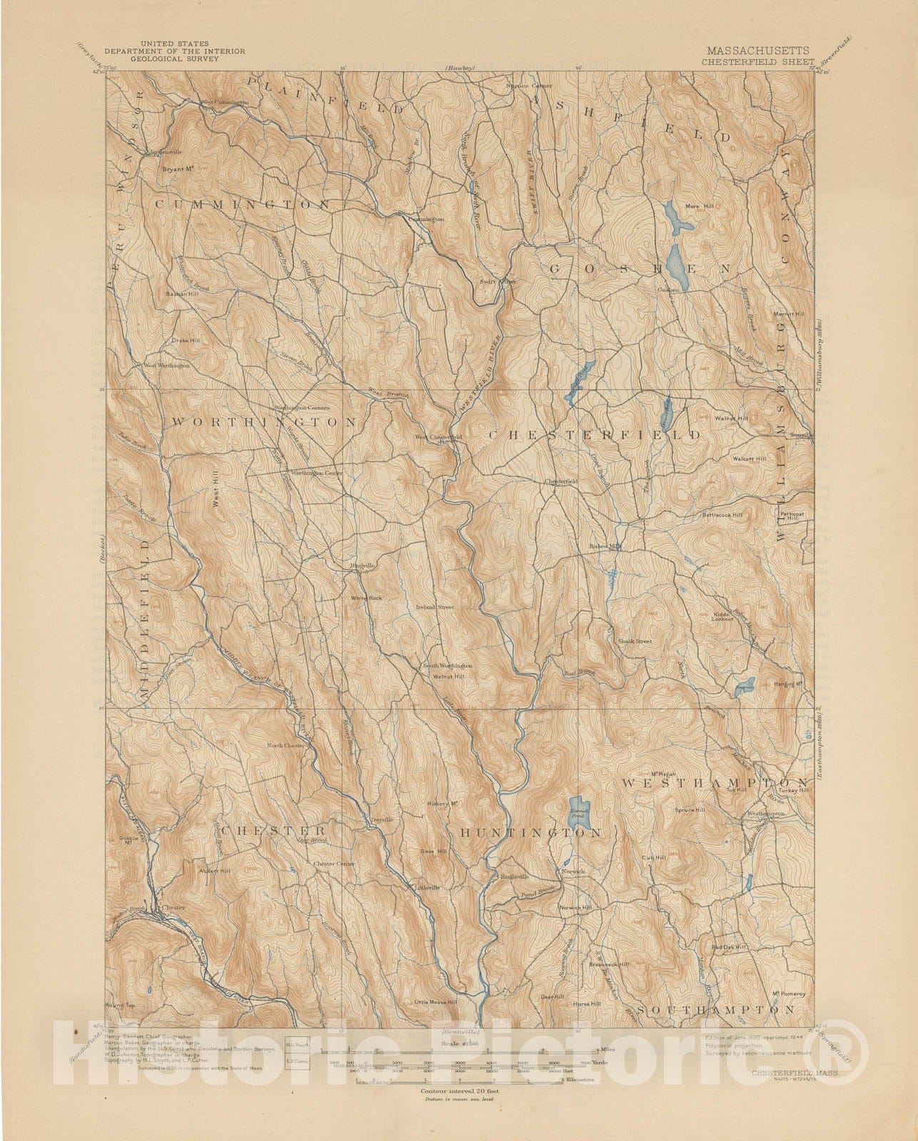 Historic Map : USGS 7.5 Minute Sheets and Quadrangles, Chesterfield & Huntington & Worthington 1944 Topographic Map , Vintage Wall Art