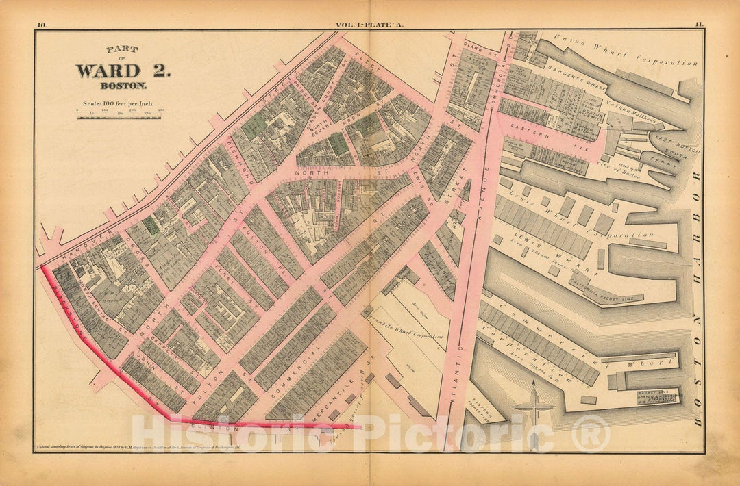 Historic Map : Atlas of County of Suffolk, MA Vol. 1 including Boston Proper, Boston 1874 Plate A , Vintage Wall Art