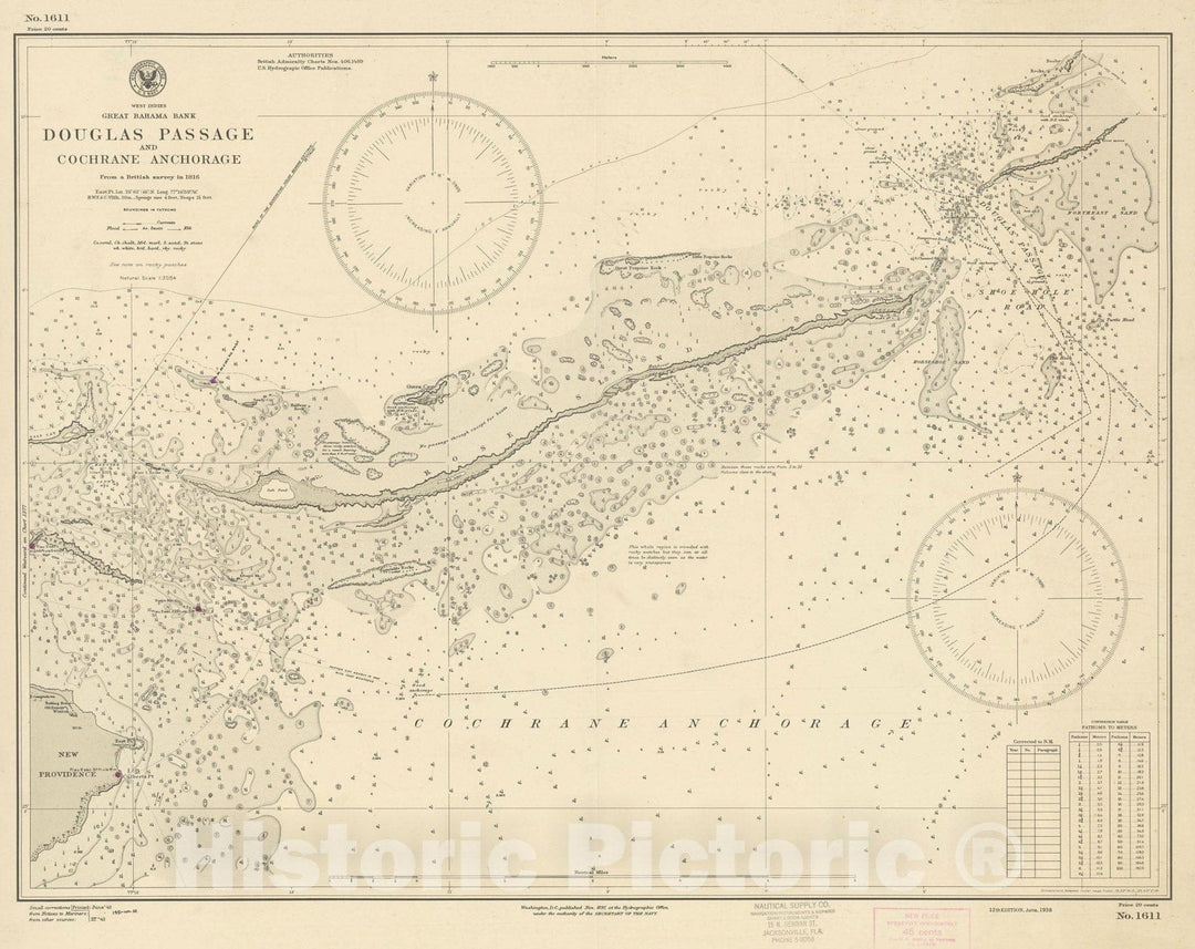 Historic Map : Coastal Charts - Great Bahama Bank: Douglas Passage 1942 , Vintage Wall Art