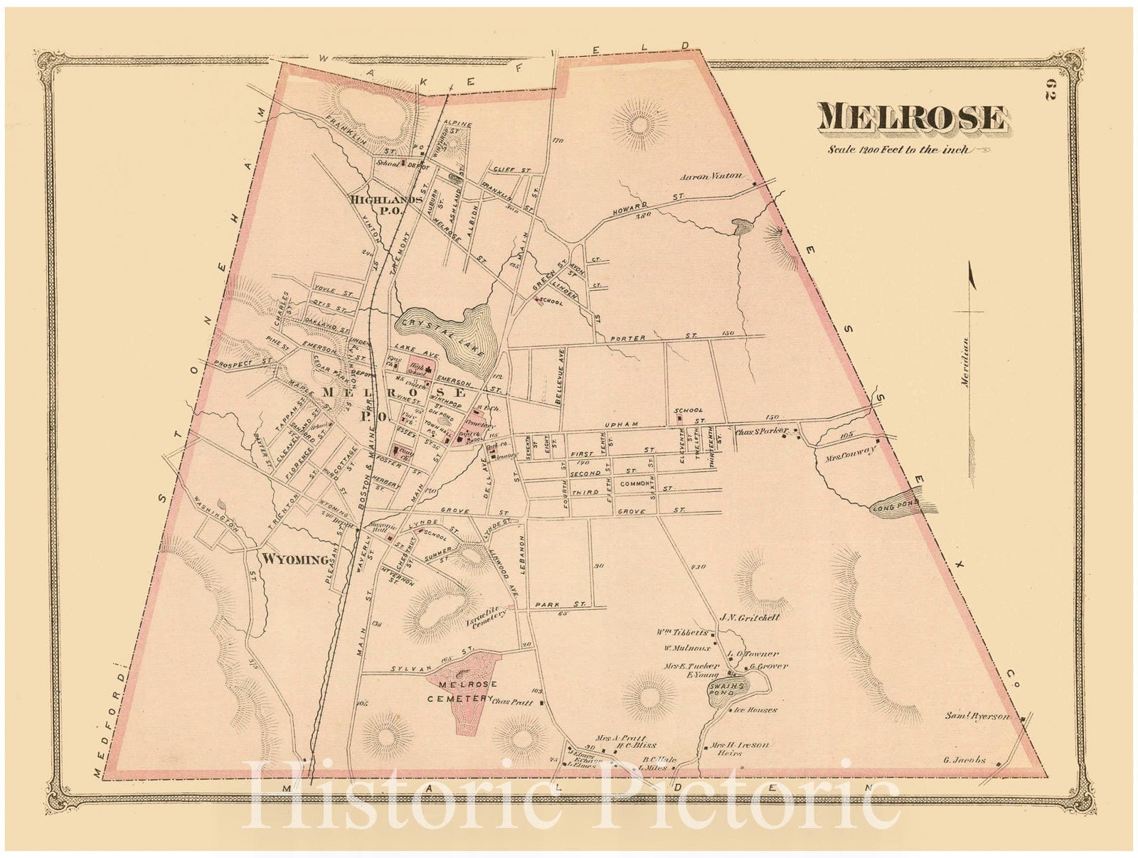 Historic Map : County Atlas of Middlesex Massachusetts, Melrose 1875 , Vintage Wall Art