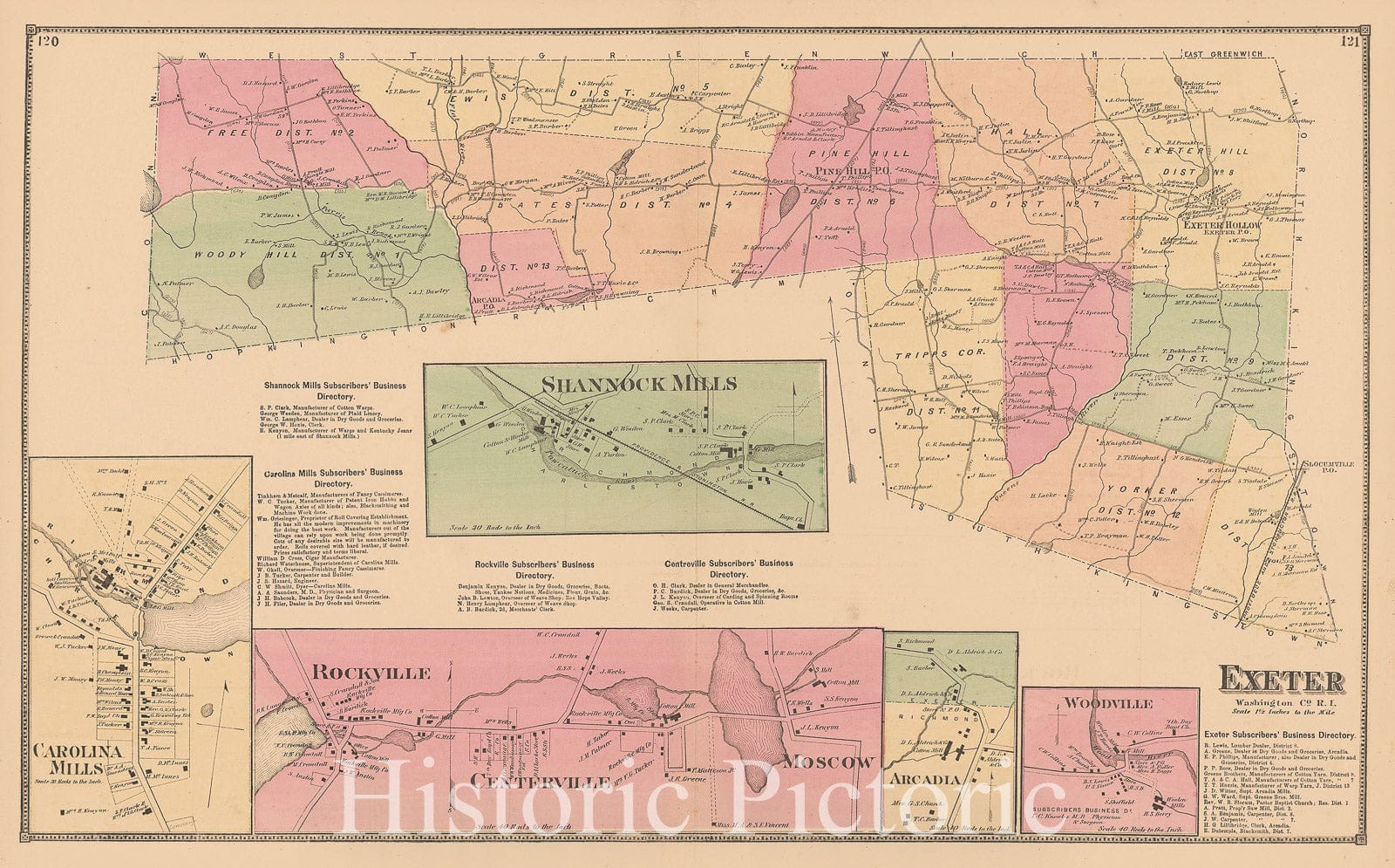 Historic Map : Atlas State of Rhode Island, Exeter & Shannon Mills 1870 , Vintage Wall Art