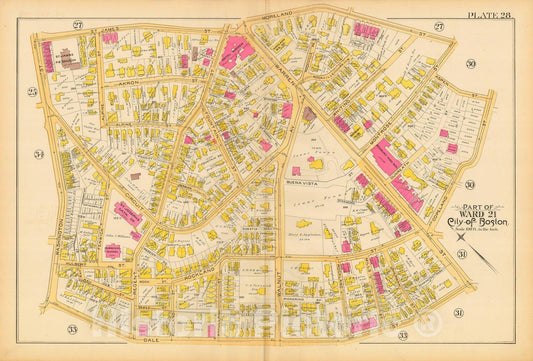 Historic Map : Atlas City of Boston, City Proper and Roxbury, Boston & Roxbury 1890 Plate 028 , Vintage Wall Art