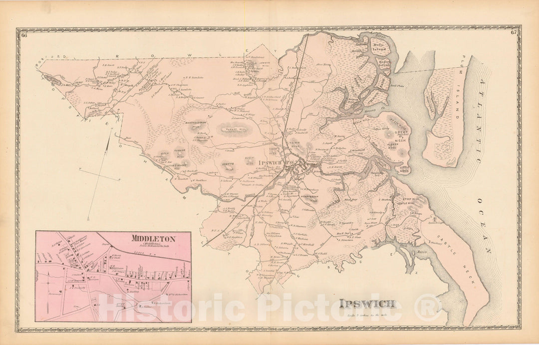 Historic Map : Atlas of Essex County Massachusetts, Ipswich 1872 , Vintage Wall Art