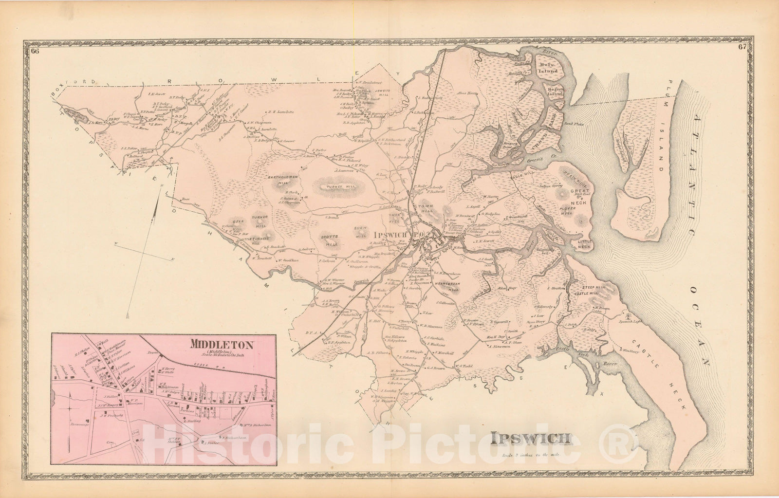 Historic Map : Atlas of Essex County Massachusetts, Ipswich 1872 , Vintage Wall Art