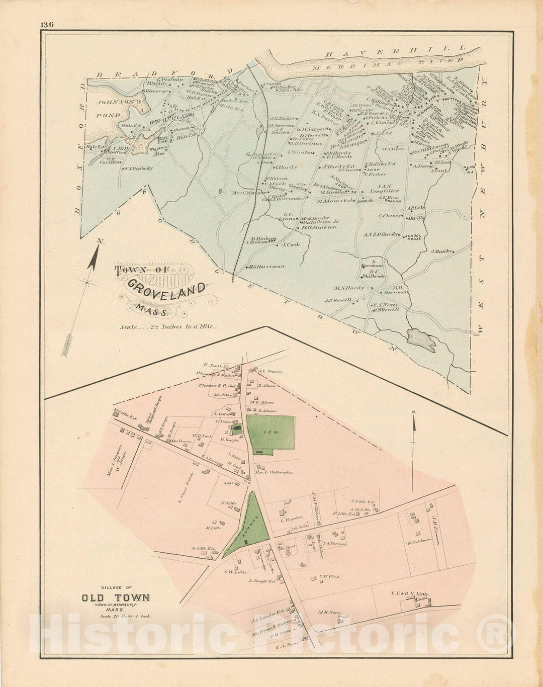 Historic Map : Atlas of Essex County, Groveland 1884 , Vintage Wall Art