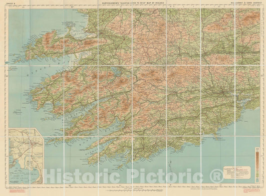 Historic Map : Bartholomew's Quarter-Inch to Mile Maps of Ireland , Vintage Wall Art