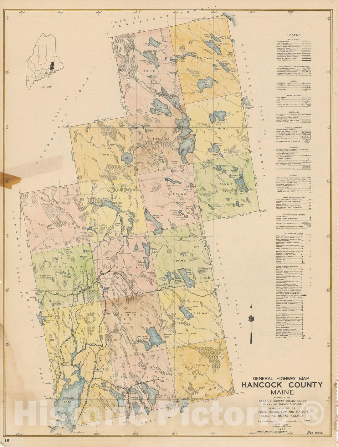 Historic Map : Maine General Highway County Maps, Hancock 1938 Plate 016 , Vintage Wall Art