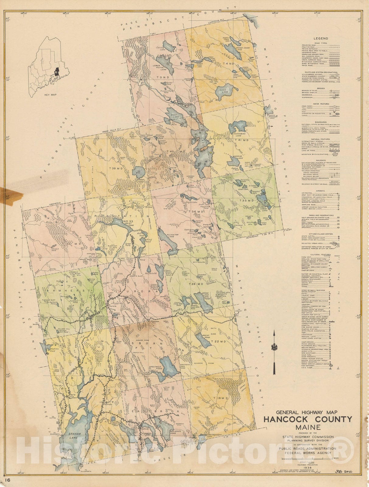 Historic Map : Maine General Highway County Maps, Hancock 1938 Plate 016 , Vintage Wall Art