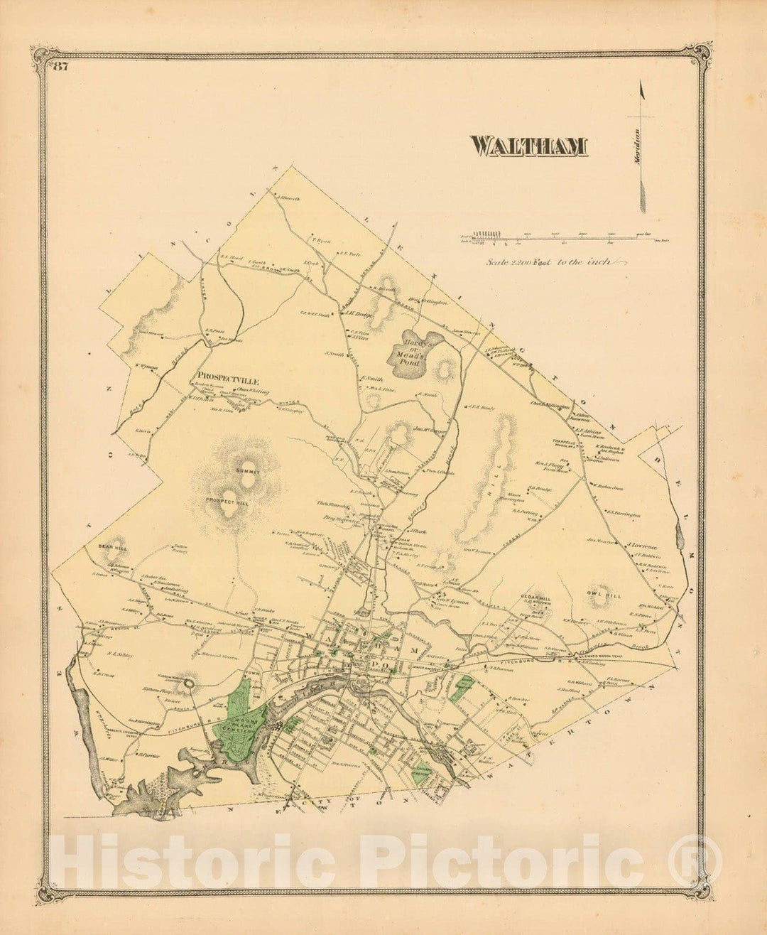Historic Map : County Atlas of Middlesex Massachusetts, Waltham 1875 , Vintage Wall Art