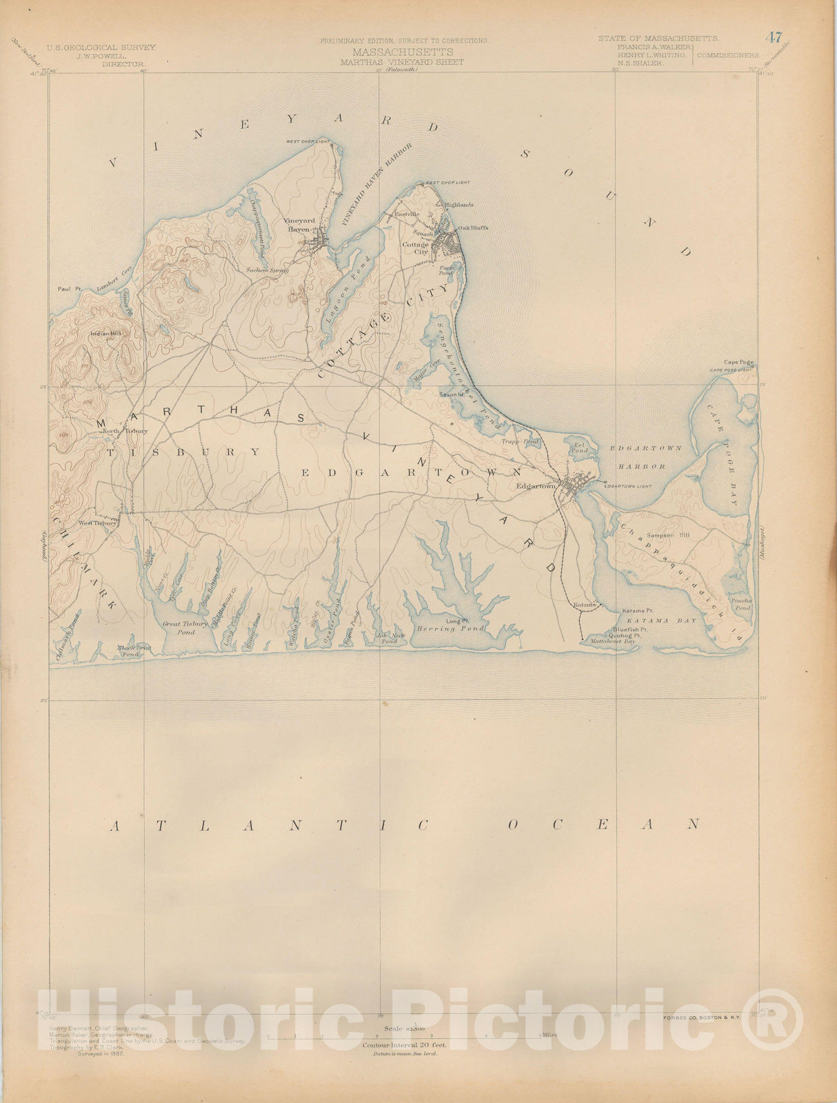 Historic Map : Atlas of Massachusetts c1888, Chappaquiddick & Cottage City & Edgartown & Martha's Vineyard & Oak Bluffs & Vineyard Haven 1890 Page 47 , Wall Decor Poster Art, Vintage Wall Art