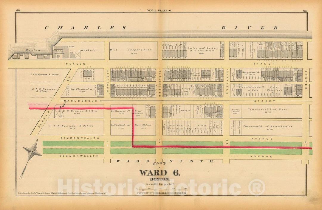 Historic Map : Atlas of County of Suffolk, MA Vol. 1 including Boston Proper, Boston 1874 Plate O , Vintage Wall Art