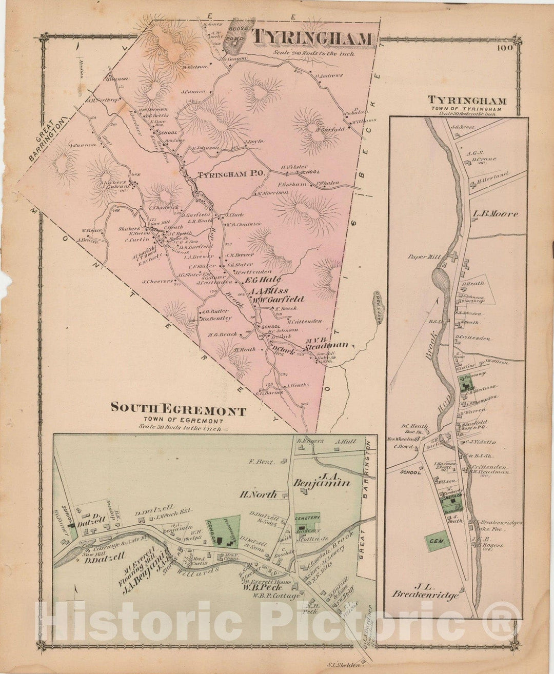 Historic Map : County Atlas of Berkshire County, Egremont & Tyringham 1876 , Vintage Wall Art