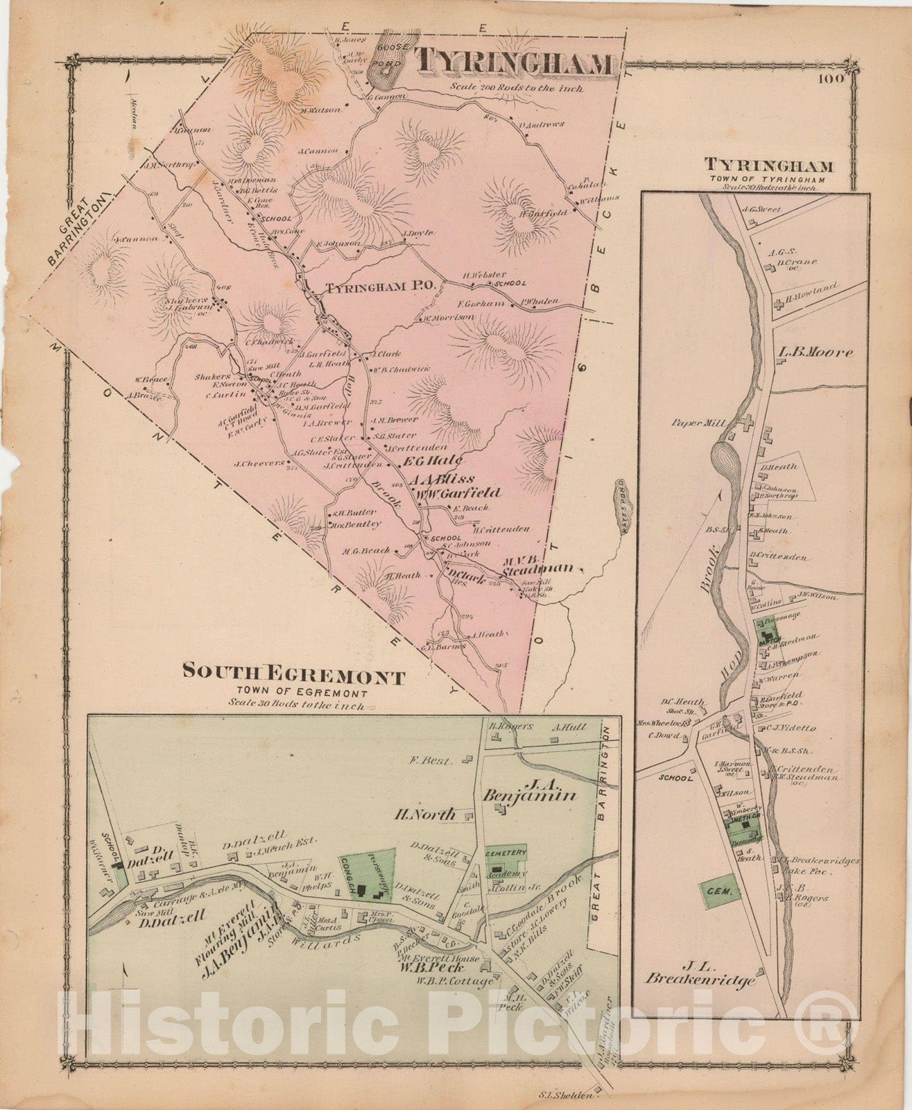 Historic Map : County Atlas of Berkshire County, Egremont & Tyringham 1876 , Vintage Wall Art