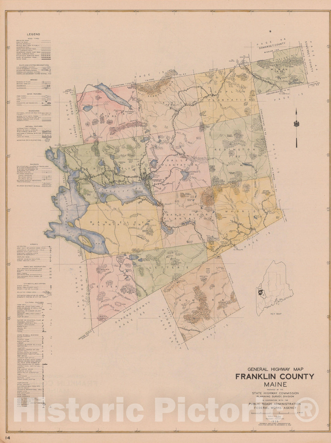 Historic Map : Maine General Highway County Maps, Franklin 1938 Plate 014 , Vintage Wall Art