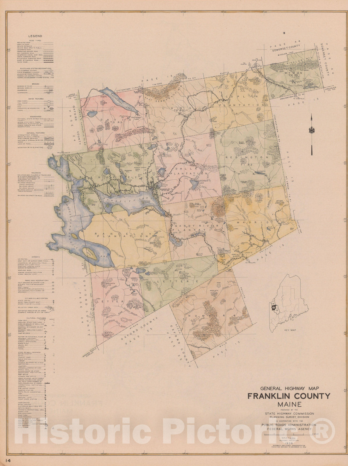 Historic Map : Maine General Highway County Maps, Franklin 1938 Plate 014 , Vintage Wall Art