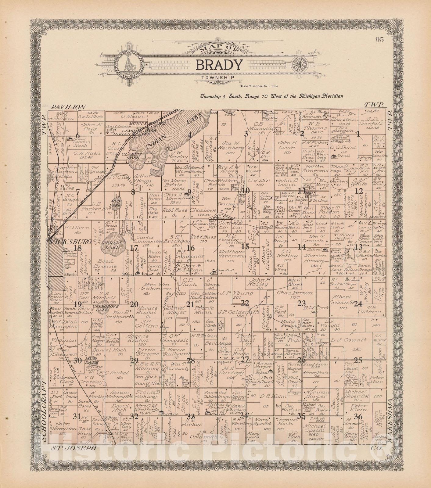 Historic Map : Brady 1910 , Standard Atlas of Kalamazoo County , Vintage Wall Art
